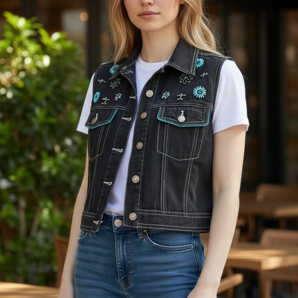 Carole Little Tops - Embroidered Black Denim Vest